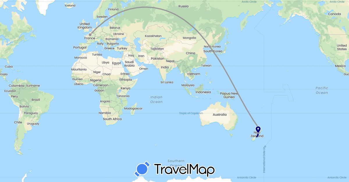 TravelMap itinerary: driving, plane in France, South Korea, New Zealand (Asia, Europe, Oceania)